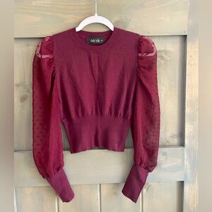 Fab’rik. Dark red 
Cropped sweater top 
With sheer Swiss dot sleeves
Size M